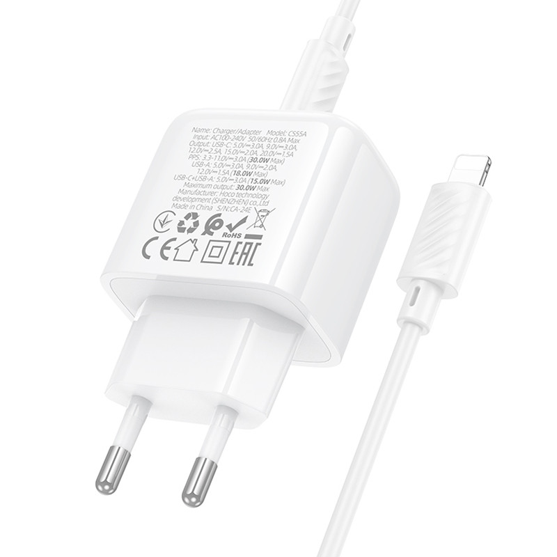 Мережевий зарядний пристрій Hoco CS55A Surplus PD 30W + QC 3.0 (1×USB-A / 1×USB-C) + кабель USB-C → Lightning White