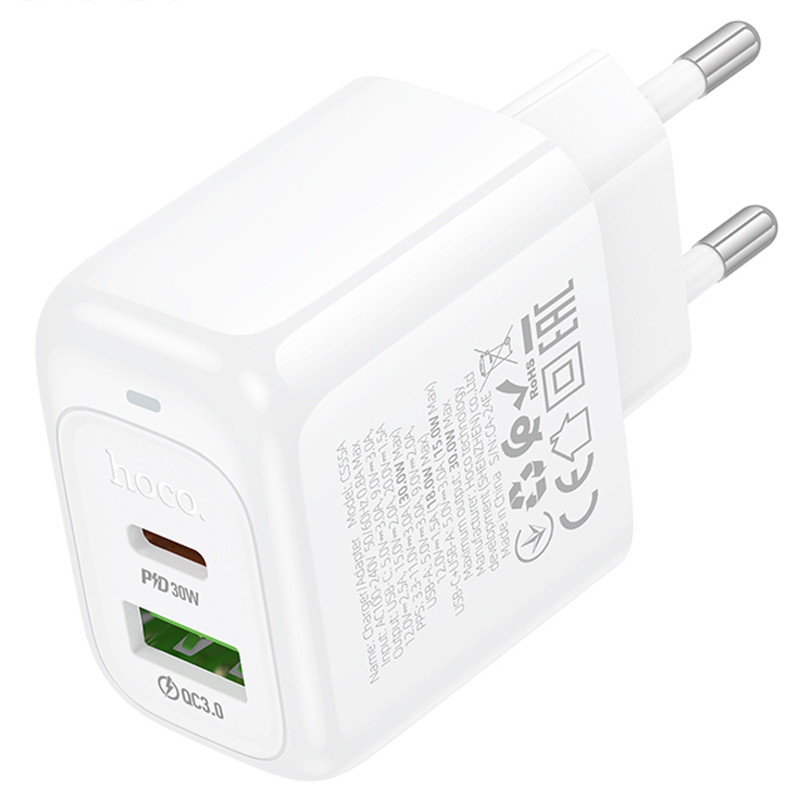 Мережевий зарядний пристрій Hoco CS55A Surplus PD 30W + QC 3.0 (1×USB-A / 1×USB-C) White