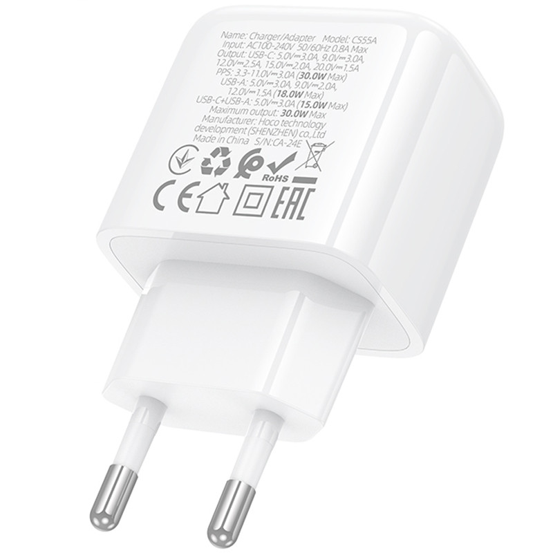 Мережевий зарядний пристрій Hoco CS55A Surplus PD 30W + QC 3.0 (1×USB-A / 1×USB-C) White