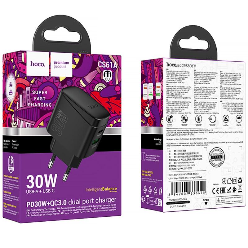 Мережевий зарядний пристрій Hoco CS61A Bright PD 30W + QC 3.0 (1×USB-A / 1×USB-C) Black