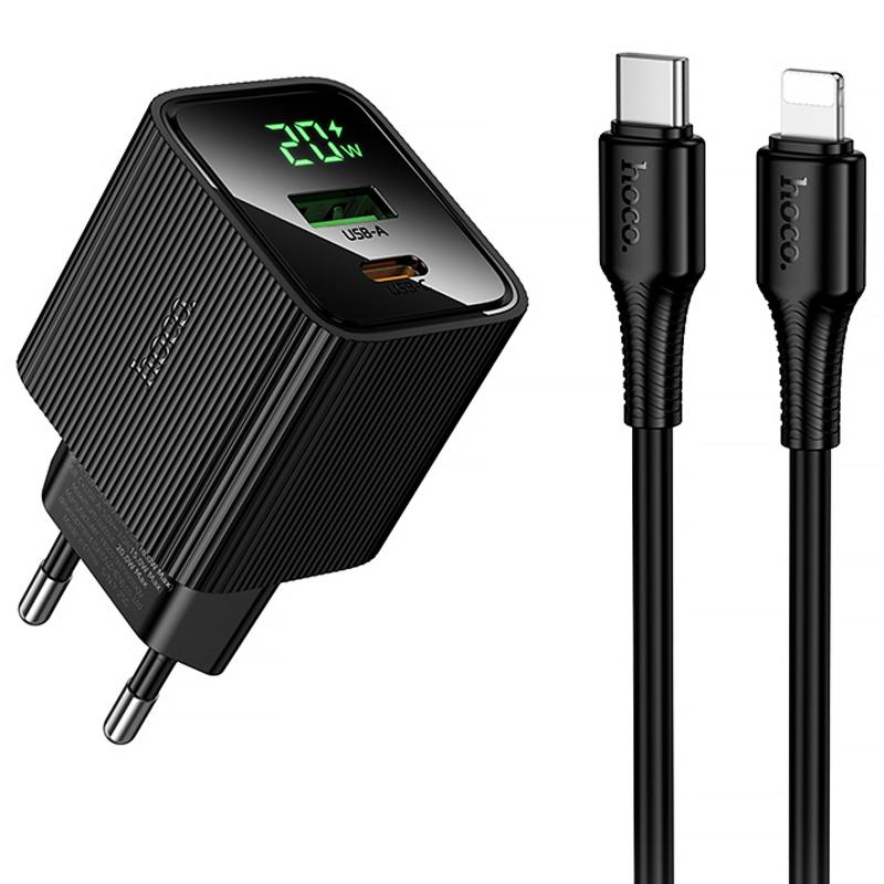 Мережевий зарядний пристрій Hoco CS83A Excellent with digital display PD 20W + QC 3.0 (1×USB-A / 1×USB-C) + кабель USB-C → Lightning Black