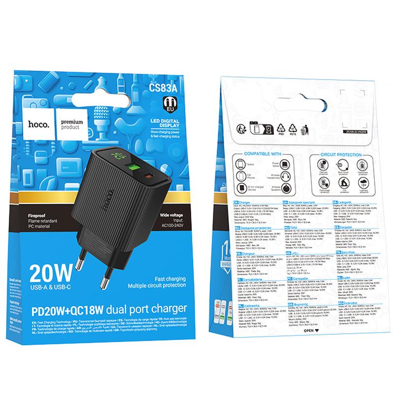 Мережевий зарядний пристрій Hoco CS83A Excellent with digital display PD 20W + QC 3.0 (1×USB-A / 1×USB-C) Black