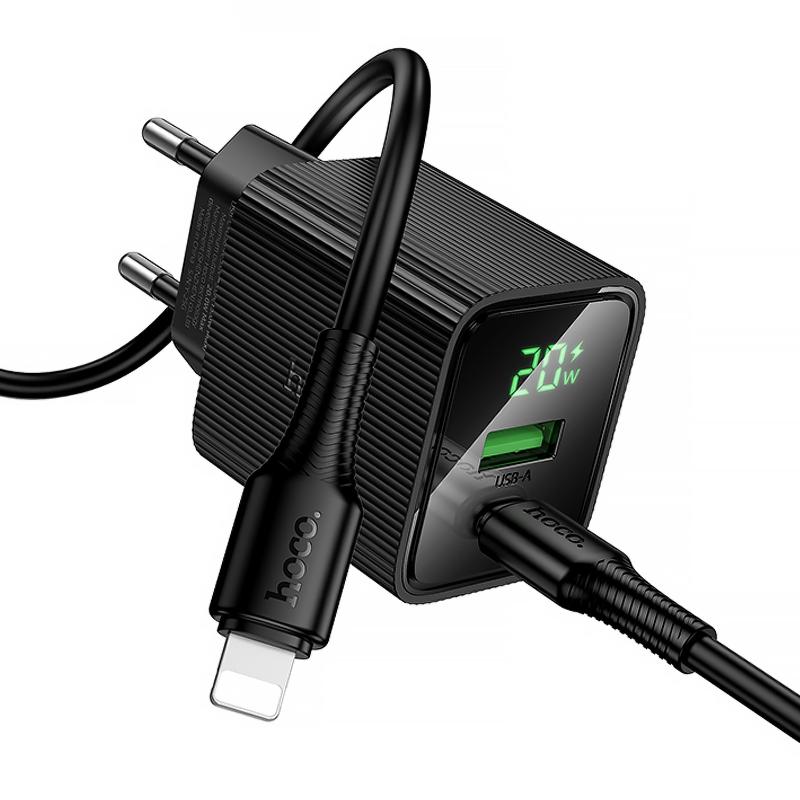 Мережевий зарядний пристрій Hoco CS83A Excellent with digital display PD 20W + QC 3.0 (1×USB-A / 1×USB-C) + кабель USB-C → Lightning Black