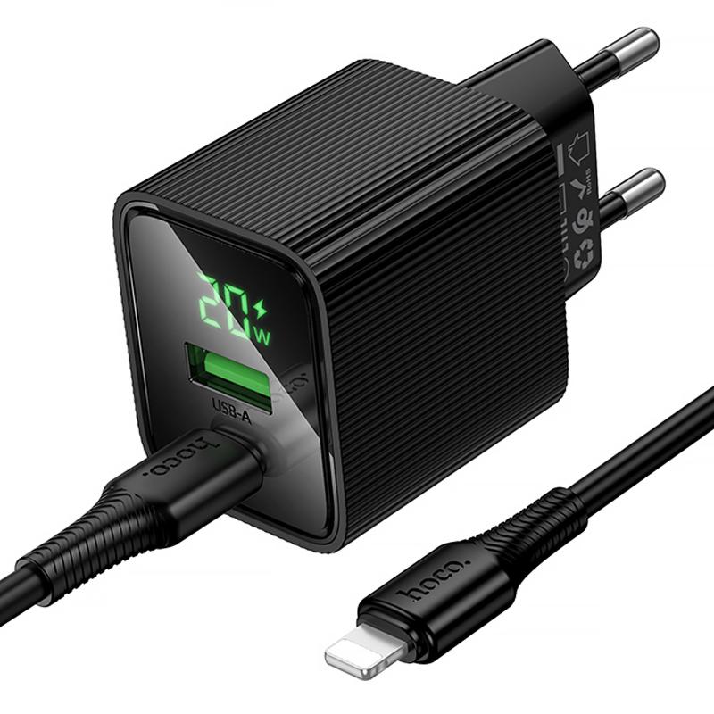 Мережевий зарядний пристрій Hoco CS83A Excellent with digital display PD 20W + QC 3.0 (1×USB-A / 1×USB-C) + кабель USB-C → Lightning Black