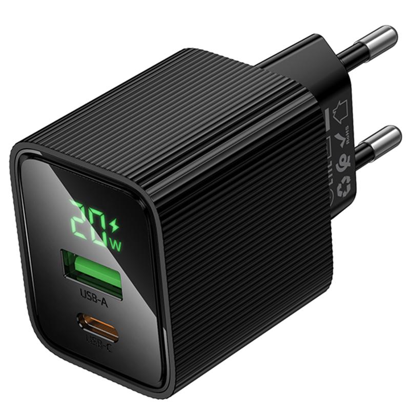 Мережевий зарядний пристрій Hoco CS83A Excellent with digital display PD 20W + QC 3.0 (1×USB-A / 1×USB-C) Black