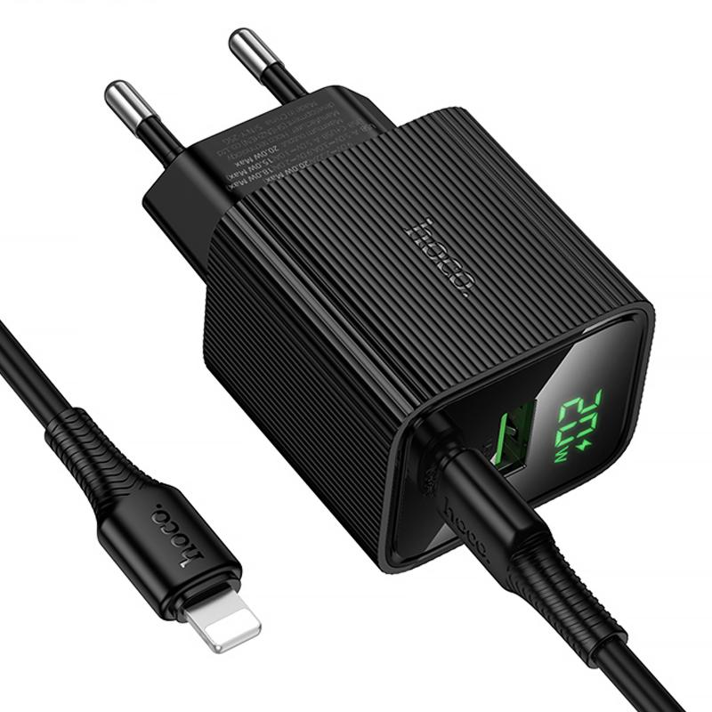Мережевий зарядний пристрій Hoco CS83A Excellent with digital display PD 20W + QC 3.0 (1×USB-A / 1×USB-C) + кабель USB-C → Lightning Black