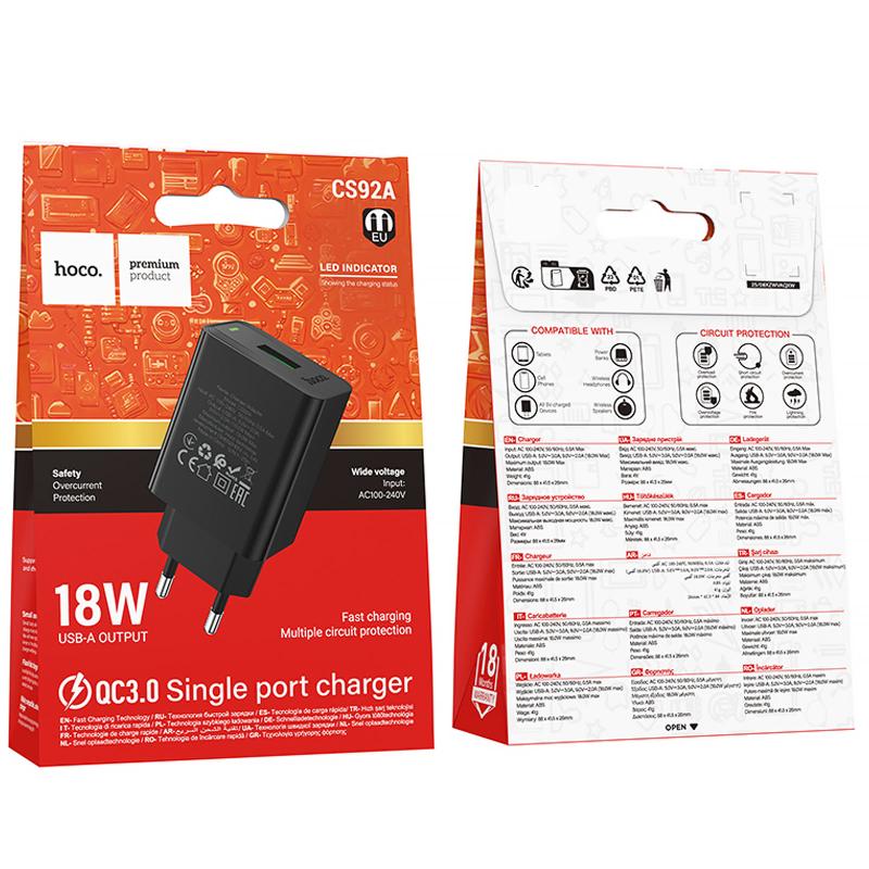 Мережевий зарядний пристрій Hoco CS92A Leader QC 3.0 18W (1×USB-A) Black
