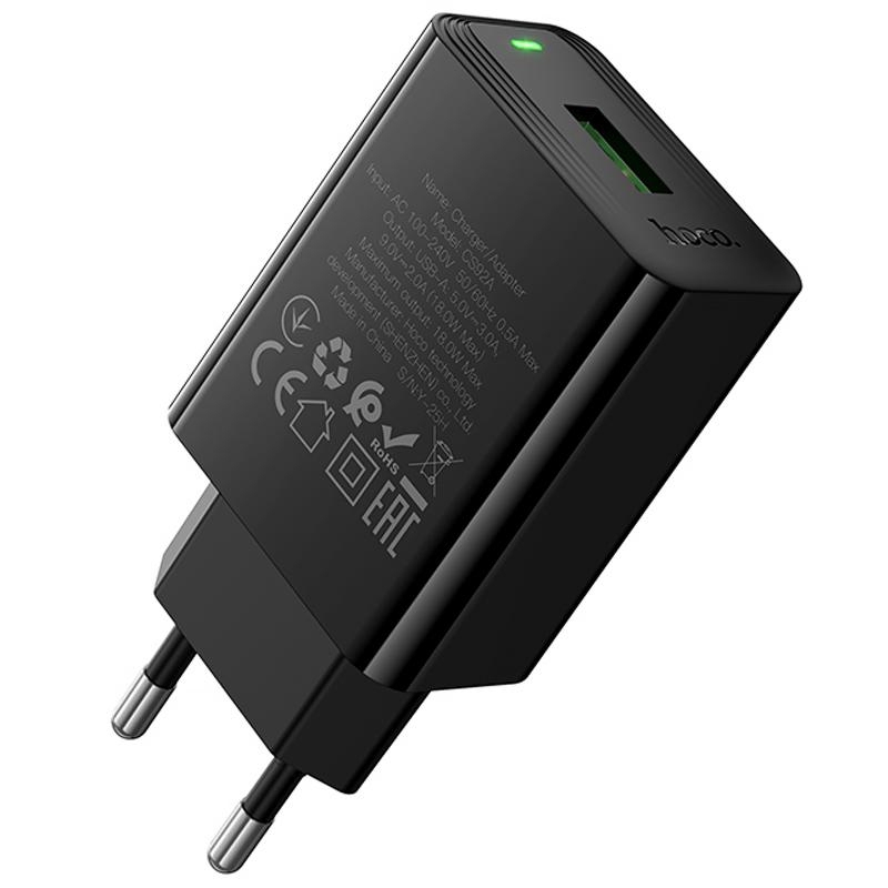 Мережевий зарядний пристрій Hoco CS92A Leader QC 3.0 18W (1×USB-A) Black