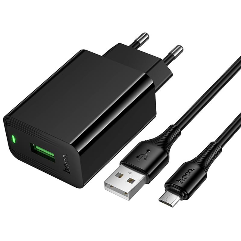 Мережевий зарядний пристрій Hoco CS92A Leader QC 3.0 18W (1×USB-A) + кабель USB to Micro-USB Black