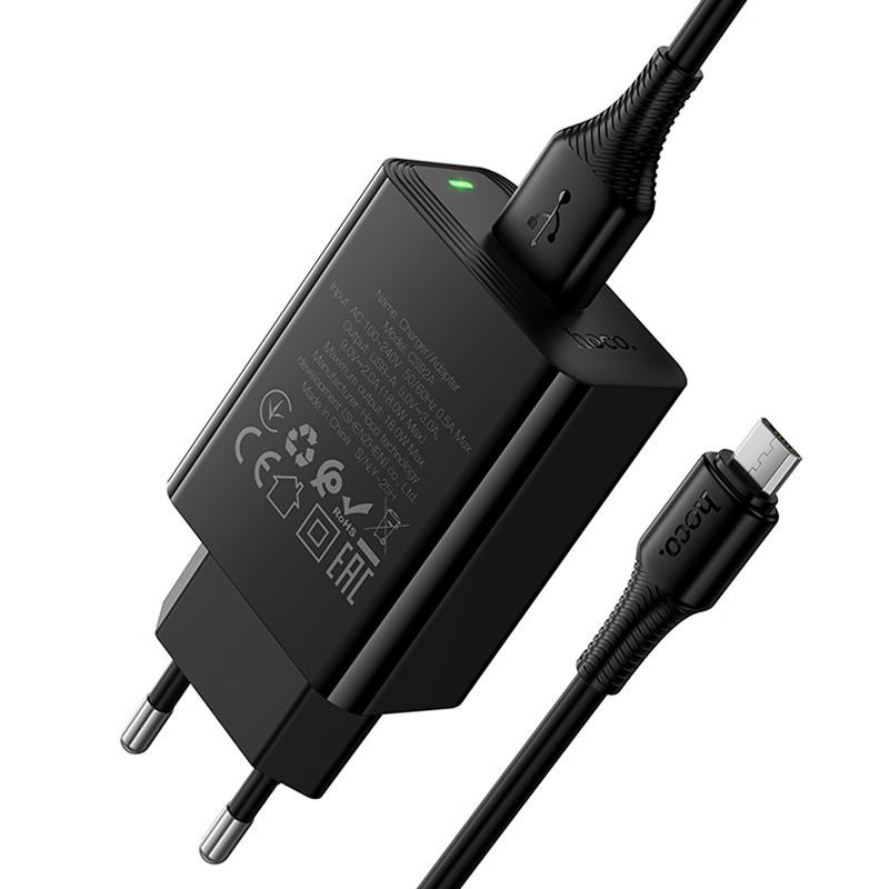 Мережевий зарядний пристрій Hoco CS92A Leader QC 3.0 18W (1×USB-A) + кабель USB to Micro-USB Black