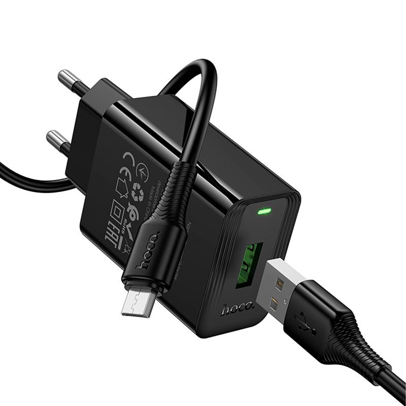 Мережевий зарядний пристрій Hoco CS92A Leader QC 3.0 18W (1×USB-A) + кабель USB to Micro-USB Black