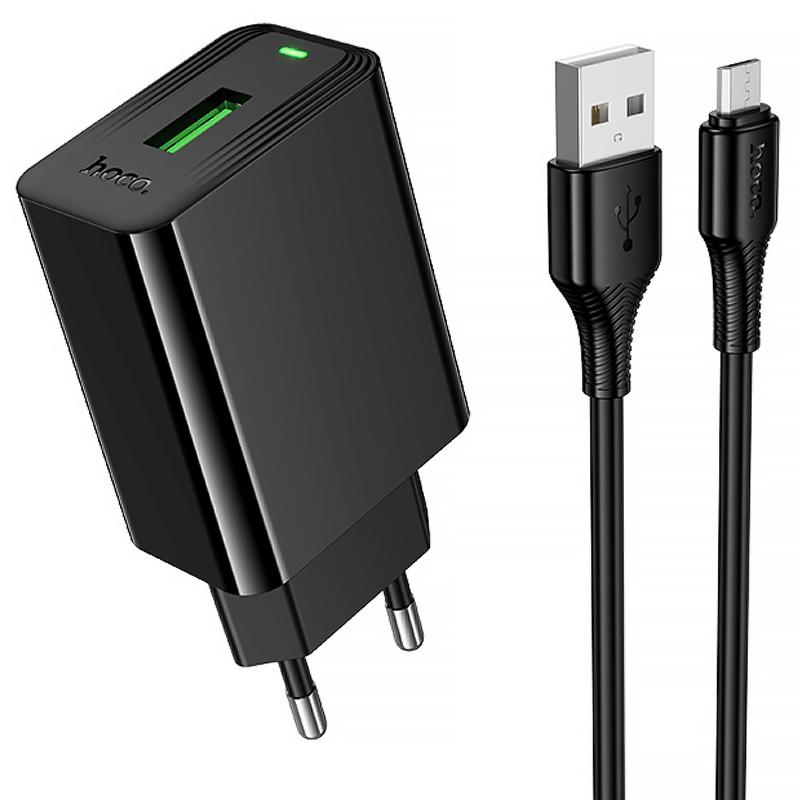Мережевий зарядний пристрій Hoco CS92A Leader QC 3.0 18W (1×USB-A) + кабель USB to Micro-USB Black