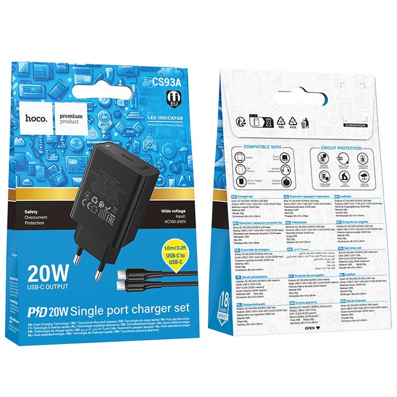 Мережевий зарядний пристрій Hoco CS93A Leader PD 20W (1×USB-C) + кабель USB-C → USB-C Black