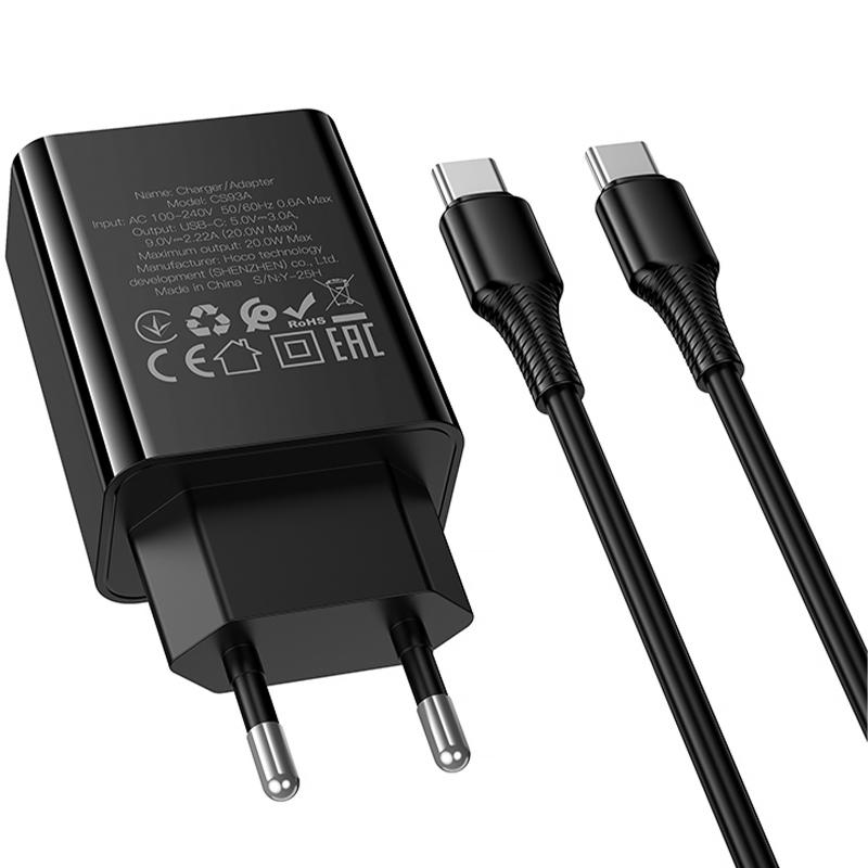 Мережевий зарядний пристрій Hoco CS93A Leader PD 20W (1×USB-C) + кабель USB-C → USB-C Black