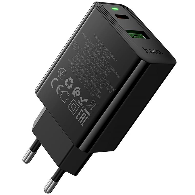 Мережевий зарядний пристрій Hoco CS94A Leader PD 20W + QC 3.0 (1×USB-A / 1×USB-C) Black
