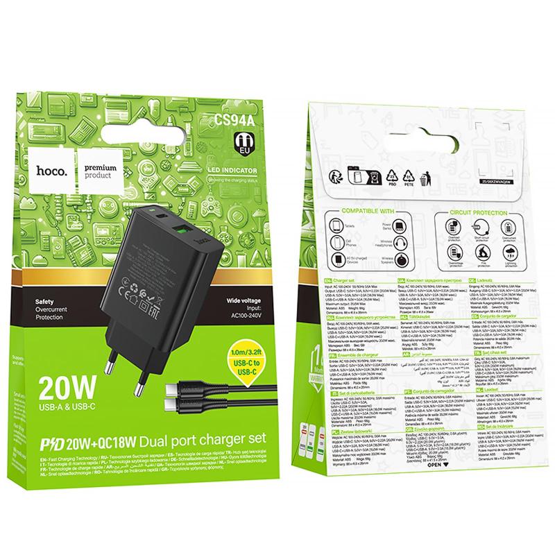Мережевий зарядний пристрій Hoco CS94A Leader PD 20W + QC 3.0 (1×USB-A / 1×USB-C) + кабель USB-C → USB-C Black
