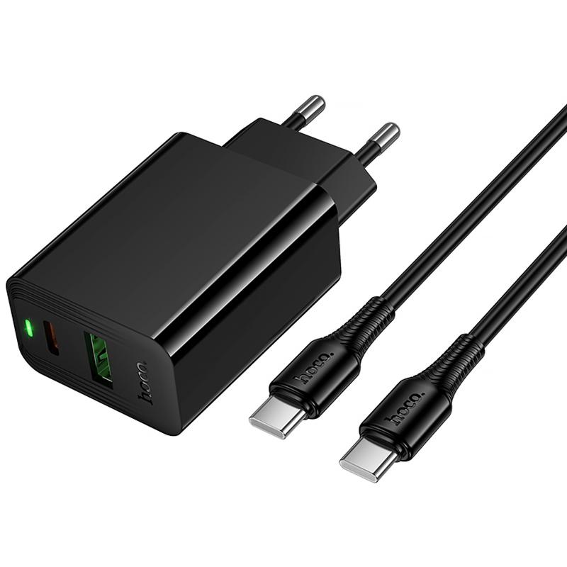 Мережевий зарядний пристрій Hoco CS94A Leader PD 20W + QC 3.0 (1×USB-A / 1×USB-C) + кабель USB-C → USB-C Black