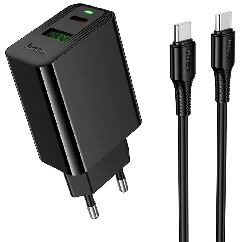 Мережевий зарядний пристрій Hoco CS94A Leader PD 20W + QC 3.0 (1×USB-A / 1×USB-C) + кабель USB-C → USB-C Black