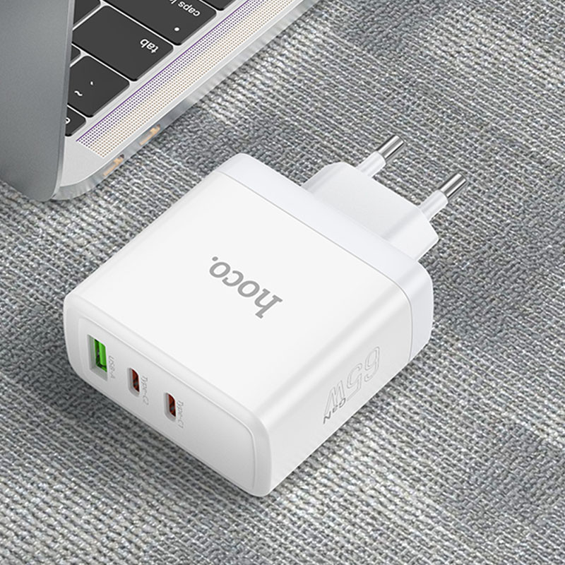 Мережевий зарядний пристрій Hoco N30 Glory PD 65W + QC 3.0 (1×USB-A / 2×USB-C) White