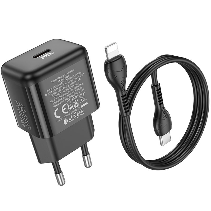 Мережевий зарядний пристрій Hoco N32 Glory PD 30W (1×USB-C) + кабельType-C to Lightning Black
