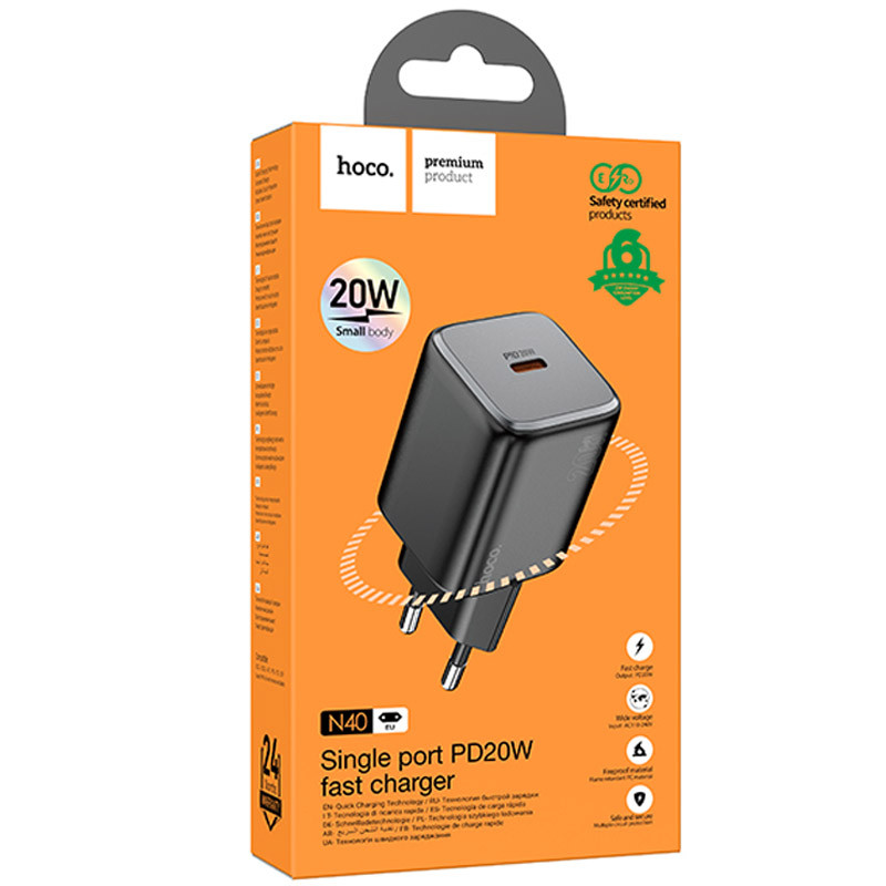 Мережевий зарядний пристрій Hoco N40 Mighty PD 20W (1×USB-C) Black