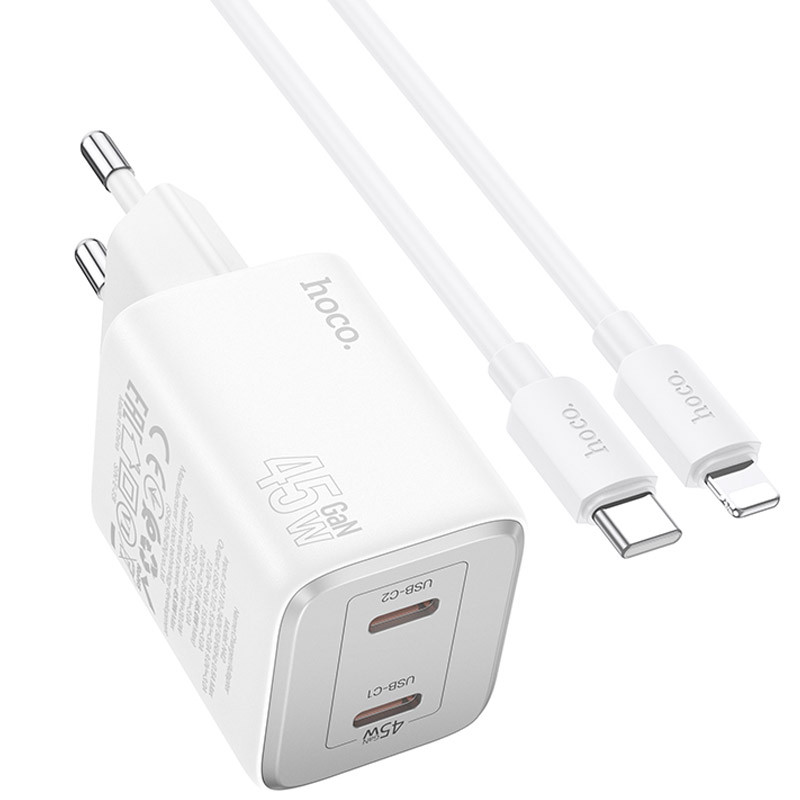 Мережевий зарядний пристрій Hoco N42 Elogiado PD 45W (2×USB-C) + кабель USB-C → Lightning White