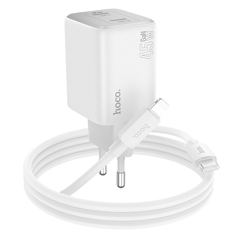 Мережевий зарядний пристрій Hoco N42 Elogiado PD 45W (2×USB-C) + кабель USB-C → Lightning White