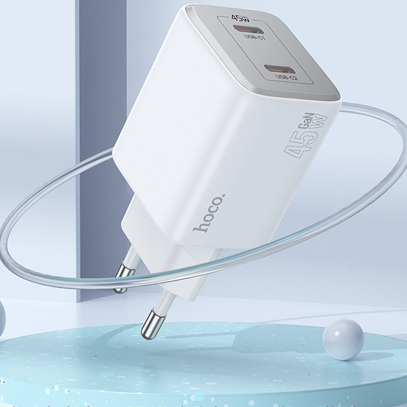 Мережевий зарядний пристрій Hoco N42 Elogiado PD 45W (2×USB-C) + кабель USB-C → Lightning White