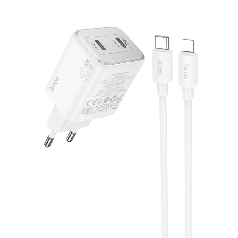 Мережевий зарядний пристрій Hoco N42 Elogiado PD 45W (2×USB-C) + кабель USB-C → Lightning White