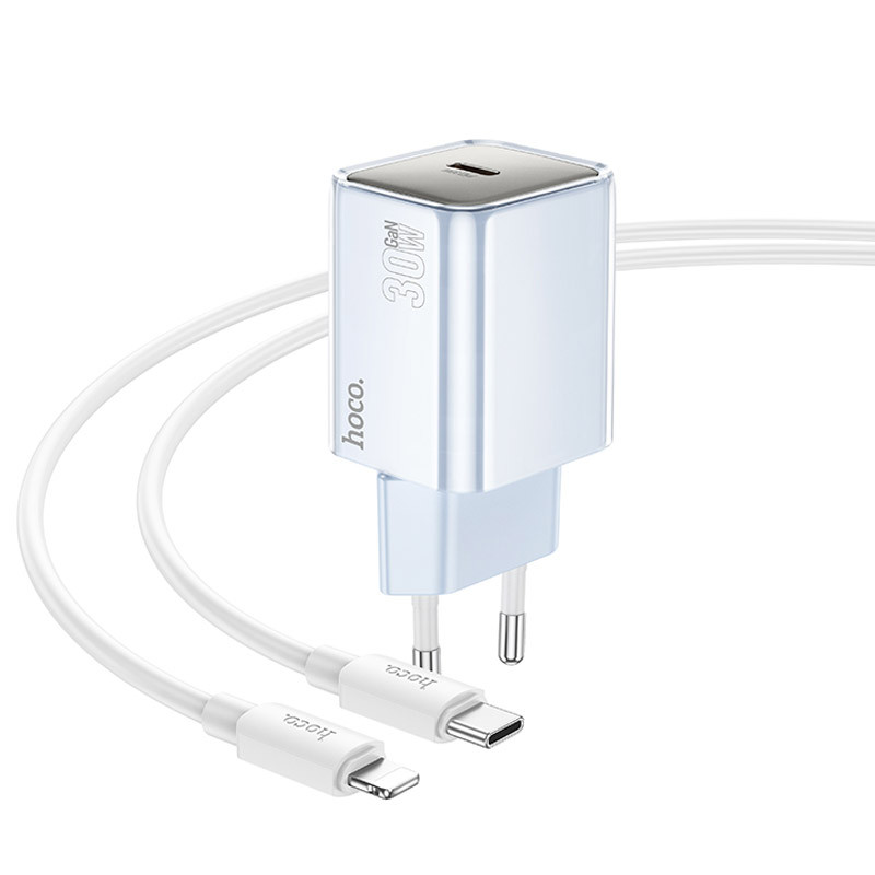 Мережевий зарядний пристрій Hoco N47 Glorious PD 30W (1×USB-C) + кабель USB-C → Lightning Blue