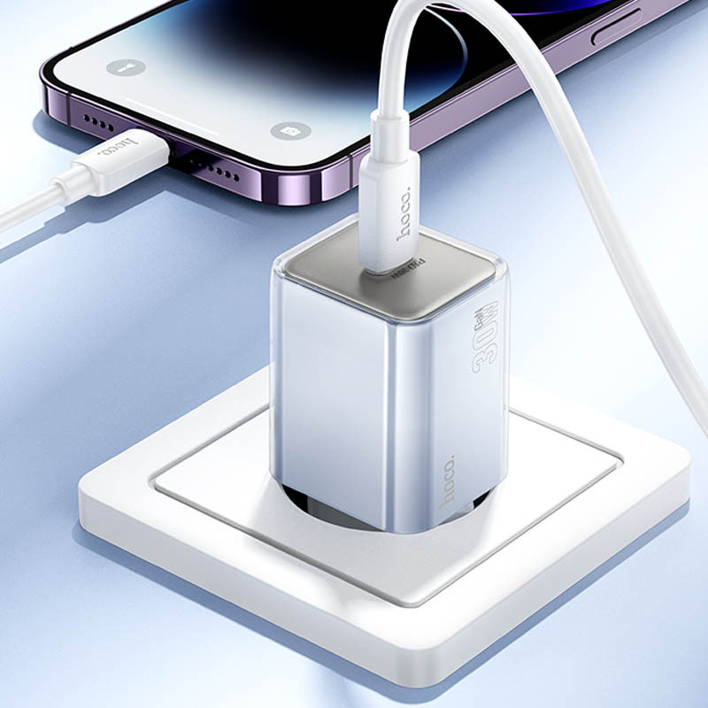 Мережевий зарядний пристрій Hoco N47 Glorious PD 30W (1×USB-C) + кабель USB-C → Lightning Blue