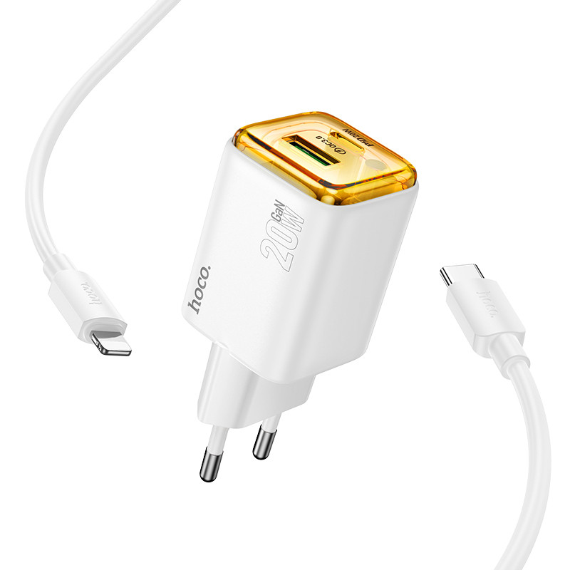 Мережевий зарядний пристрій Hoco N52 Monsoon PD 20W + QC 3.0 (1×USB-A / 1×USB-C) + кабель USB-C → Lightning White
