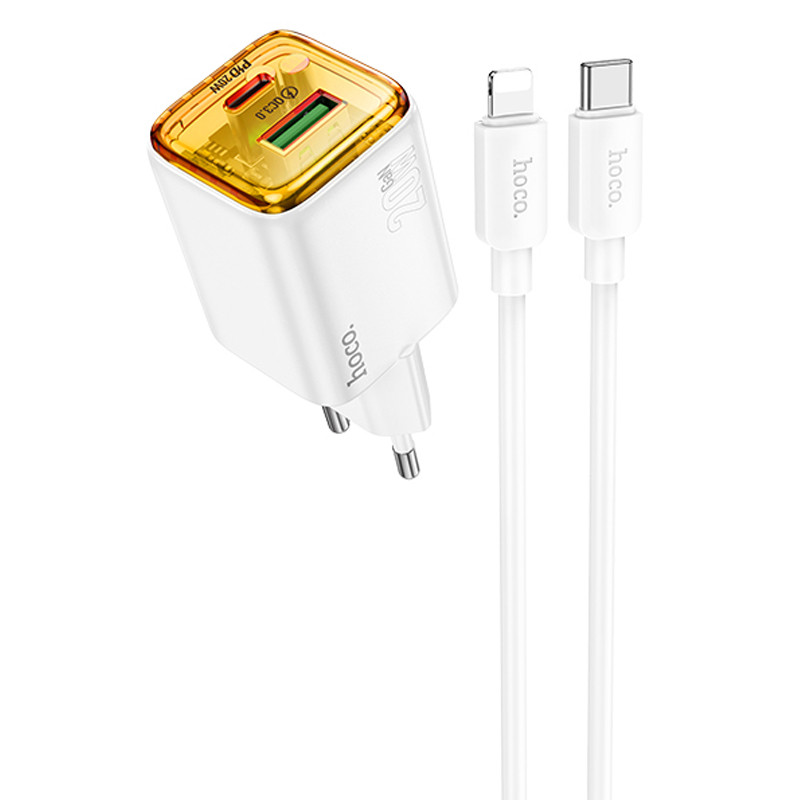 Мережевий зарядний пристрій Hoco N52 Monsoon PD 20W + QC 3.0 (1×USB-A / 1×USB-C) + кабель USB-C → Lightning White