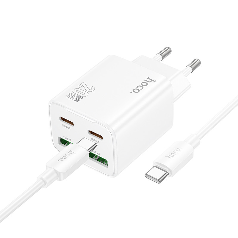 Мережевий зарядний пристрій Hoco N55 Fundador PD 20W + QC 3.0 (2×USB-A / 2×USB-C) + кабель USB-C → USB-C