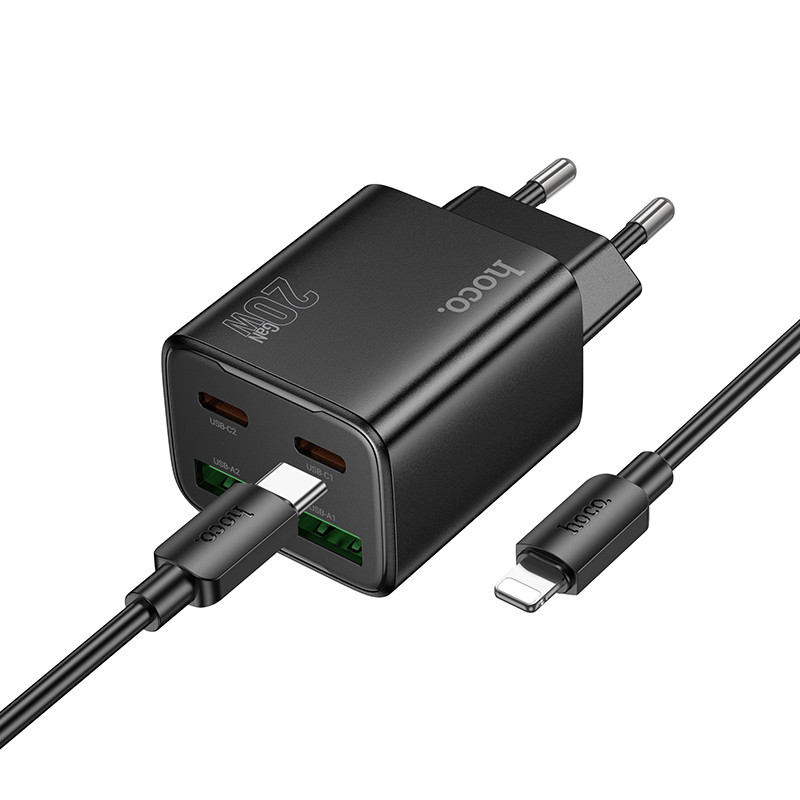 Мережевий зарядний пристрій Hoco N55 Fundador PD 20W + QC 3.0 (2×USB-A / 2×USB-C) + кабель USB-C → Lightning