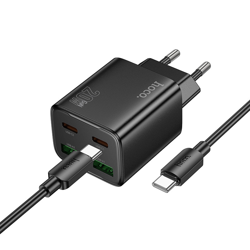 Мережевий зарядний пристрій Hoco N55 Fundador PD 20W + QC 3.0 (2×USB-A / 2×USB-C) + кабель USB-C → USB-C