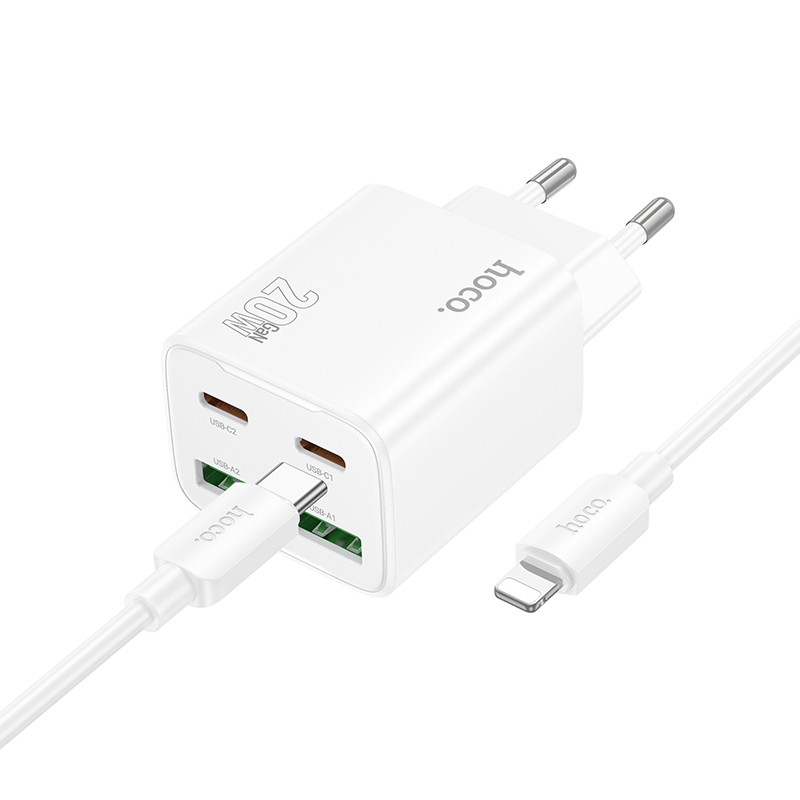 Мережевий зарядний пристрій Hoco N55 Fundador PD 20W + QC 3.0 (2×USB-A / 2×USB-C) + кабель USB-C → Lightning