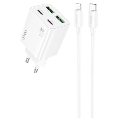 МЗП Hoco N55 Fundador PD20W+QC3.0 (2USB-A/2C) + кабель Type-C to Lightning