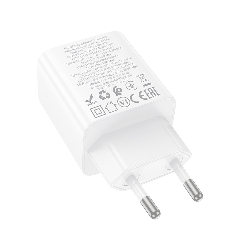 Мережевий зарядний пристрій Hoco N55 Fundador PD 20W + QC 3.0 (2×USB-A / 2×USB-C) White