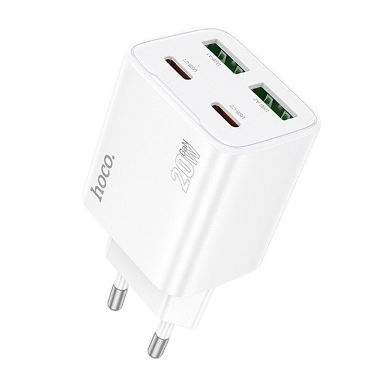 Мережевий зарядний пристрій Hoco N55 Fundador PD 20W + QC 3.0 (2×USB-A / 2×USB-C) White
