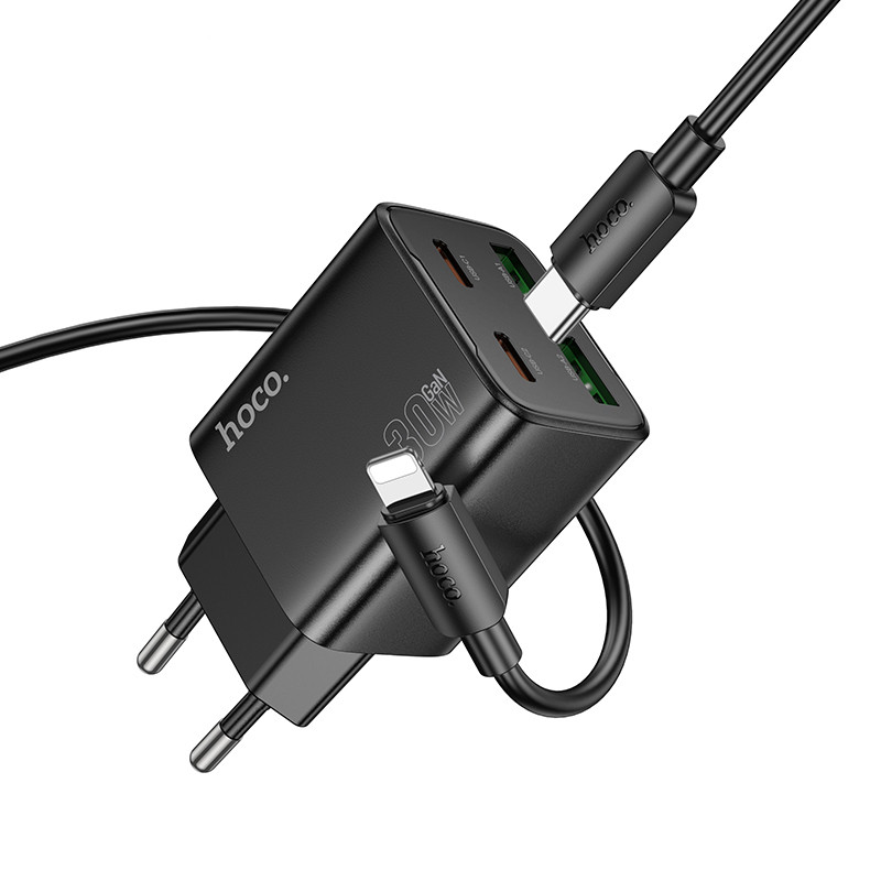 Мережевий зарядний пристрій Hoco N56 Fundador PD 30W + QC 3.0 (2×USB-A / 2×USB-C) + кабель USB-C → Lightning