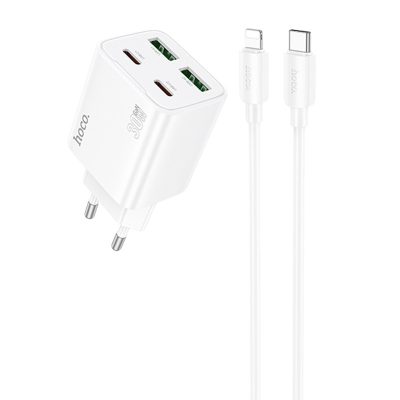 Мережевий зарядний пристрій Hoco N56 Fundador PD 30W + QC 3.0 (2×USB-A / 2×USB-C) + кабель USB-C → Lightning