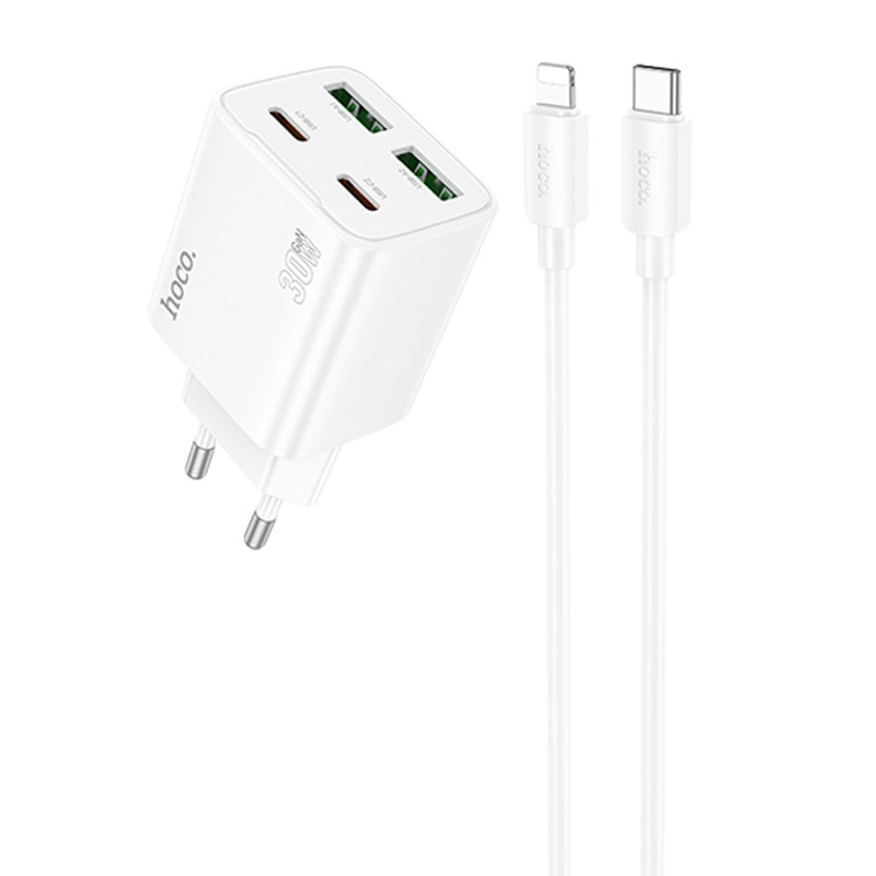 Мережевий зарядний пристрій Hoco N56 Fundador PD 30W + QC 3.0 (2×USB-A / 2×USB-C) + кабель USB-C → Lightning