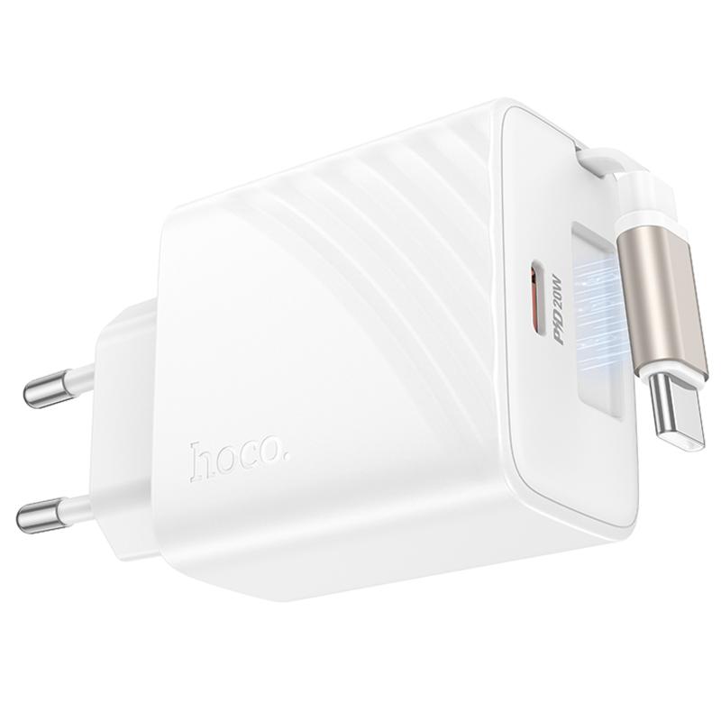 Мережевий зарядний пристрій Hoco N57 Full PD 20W with retractable cable USB-C (2×USB-C)