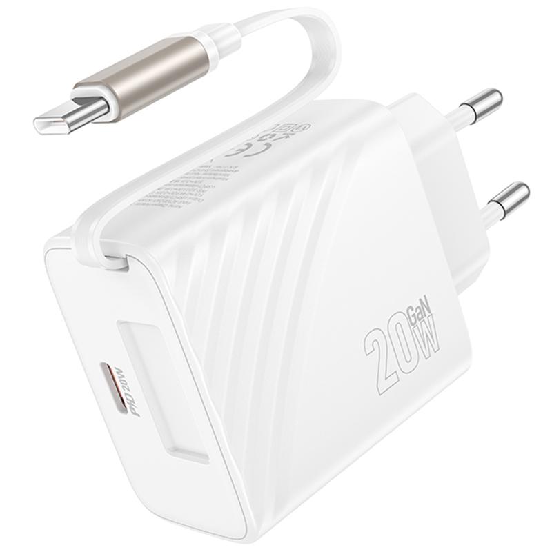 Мережевий зарядний пристрій Hoco N57 Full PD 20W with retractable cable USB-C (2×USB-C)