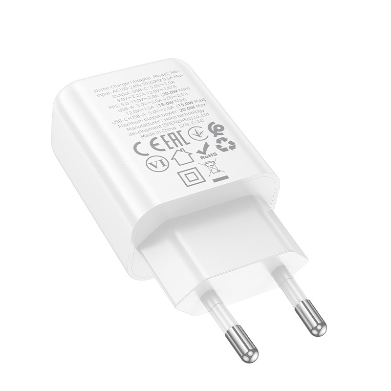 Мережевий зарядний пристрій Hoco N61 Gentle PD 20W + QC 3.0 (1×USB-A / 1×USB-C) + кабель USB-C → USB-C