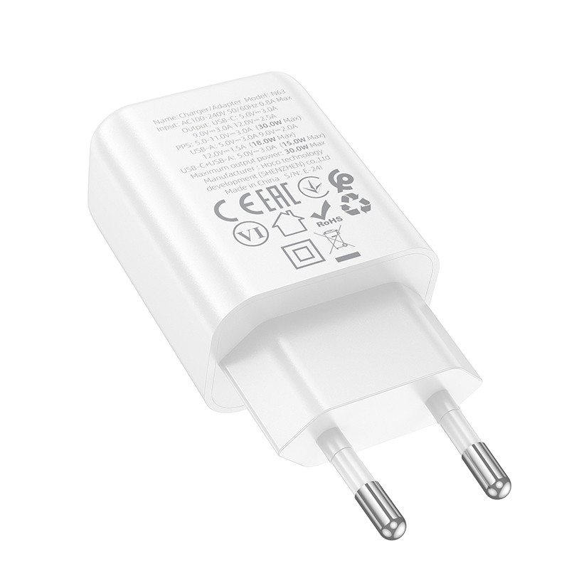 Мережевий зарядний пристрій Hoco N63 Gentle PD 30W + QC 3.0 (1×USB-A / 1×USB-C) + кабель USB-C → Lightning