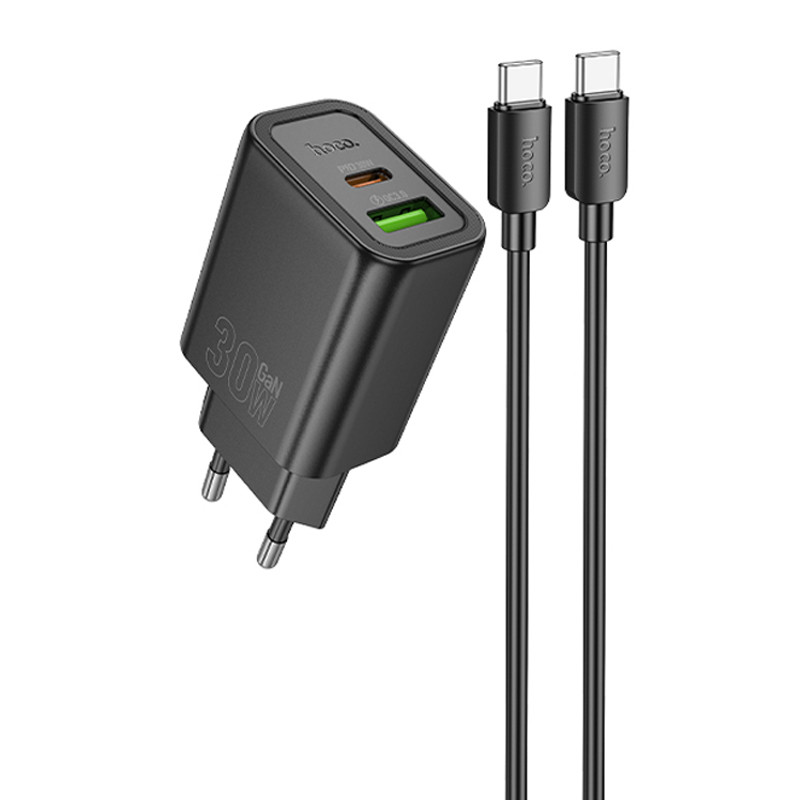Мережевий зарядний пристрій Hoco N63 Gentle PD 30W + QC 3.0 (1×USB-A / 1×USB-C) + кабель USB-C → USB-C Black