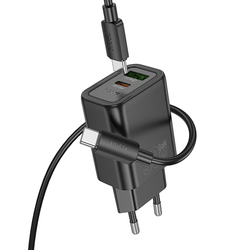 Мережевий зарядний пристрій Hoco N63 Gentle PD 30W + QC 3.0 (1×USB-A / 1×USB-C) + кабель USB-C → USB-C Black