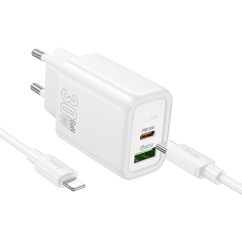 Мережевий зарядний пристрій Hoco N63 Gentle PD 30W + QC 3.0 (1×USB-A / 1×USB-C) + кабель USB-C → Lightning